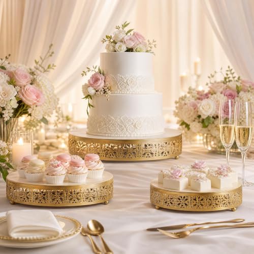 Coloch 3 Pieces Golden Cake Stand Set, 8/10/12 Inch Round Metal Dessert Display Stand Decorative Cake Holder Cupcake Pastry Candy Display Plate for Wedding, Party, Birthday, Event