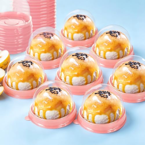 WOPPLXY 300 Pcs Clear Plastic Mini Cupcake Boxes, Mini Cake Containers, Clear Plastic Small Cake Boxes with Dome Lid, Individual Cupcake Container for Cheese Pastry Dessert Mooncake（Pink）