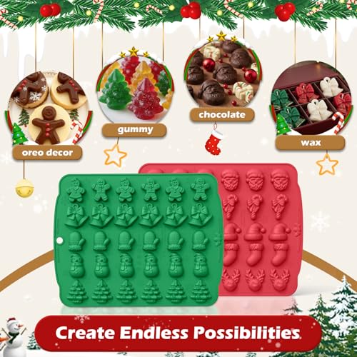 HKNMTT Christmas Silicone molds for Xmas Candy Chocolate Wax Decor, 60 Cavity 11 Shapes Gummy Mould, Including Tree Santa Cane Hat Socks Elk Gingerbread Man Bell Glove Snowman Food Grade DIY Set - style: 11 Shaped Xmas 2PCS
