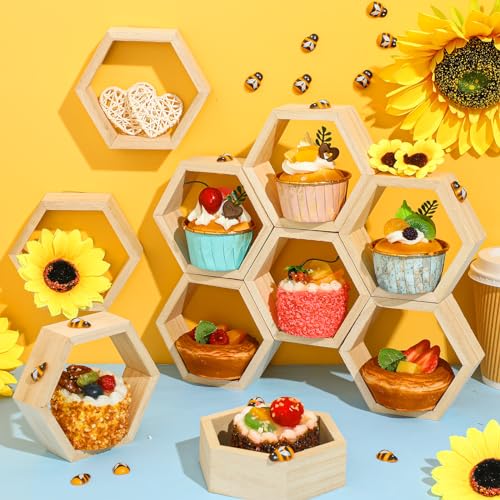 Fairysandy 12 Pcs Mini Honeycomb Cupcake Stand 50 Tiny Wooden Bee, Wood - color: Wood Color