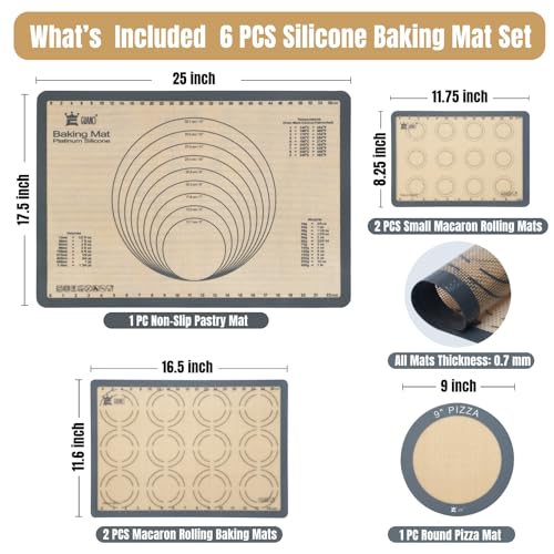 GUANCI Silicone Baking Mat Set of 6, Includes 25"x17.5" Large, 2 Medium 16.5"x11.6", 2 Small 11.75"x8.25", 9" Round, All Mats 0.70mm Thick, Non-Stick Reusable Baking Mats for Pizza, Cookie, Bread - color: H-6Grey