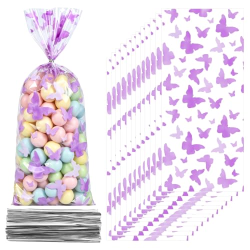 ZYLOP 50 Pcs Purple Butterfly Cellophane Goodie Bags, Plastic Candy Treat Bags with 60 Pcs Silver Twist Ties for Butterfly Theme Baby Shower Birthday Party, Spring Easter Dessert Cookie Gift Bags - color: Purple 50pcs