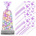 ZYLOP 50 Pcs Purple Butterfly Cellophane Goodie Bags, Plastic Candy Treat Bags with 60 Pcs Silver Twist Ties for Butterfly Theme Baby Shower Birthday Party, Spring Easter Dessert Cookie Gift Bags - color: Purple 50pcs