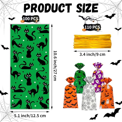 100 Pcs Halloween Treat Bags with 110 Gold Twist Ties - 5x11 Inches Halloween Cellophane Bags for Candies, Snacks, Party Favors & Gift Packaging, 2.8 Mil Thick Plastic Halloween Goodie Bags for Kids - color: Halloween 100pcs（5 Design）
