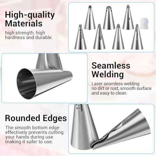 9 Pcs Reusable Piping Bags and Tips Set, Stainless Steel Ruffle Large Piping Tips with Pastry Bag Cake Decorating Tips for Cupcakes Cookies Cake Decoration Tools