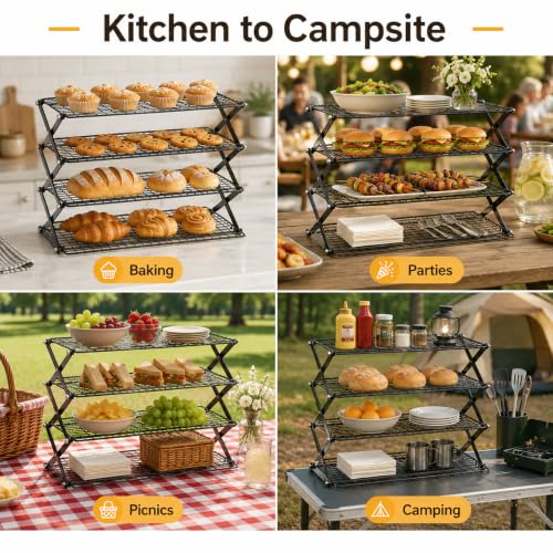 4-Tier Collapsible Cooling Rack with Adjustable 3 Setting Design Stackable Drying Wire Cooling Rack for Cooking and Baking, Roasting ＆ Grilling Gifts for Picnic Party, 2/3/4-Tier Upgraded
