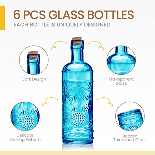 BULK PARADISE Assorted Blue Glass Bottles with Corks, 6 Pack, 2.5in X 9in, 16oz - color: Blue