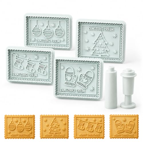 4-Piece 3D Merry Christmas Cookie Cutter and Stamp Set, Plastic