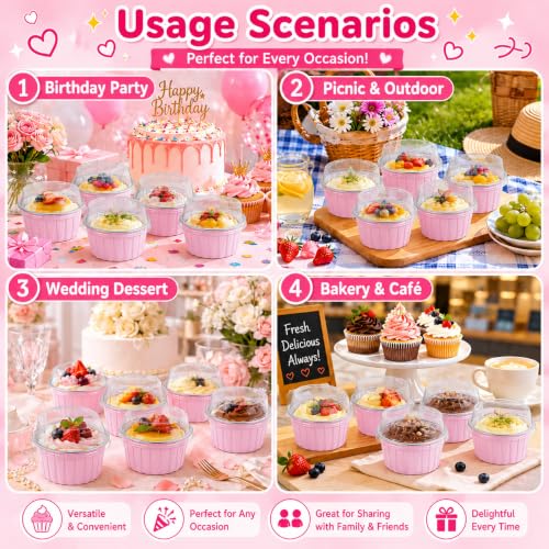 30 Pack Mini Round Aluminum Foil Cake Pans with Lids and Spoons, Food Grade Disposable Baking Cups Ramekins, Oven Air Fryer Freezer Safe for Wedding Favors Mother's Day Party (Pink (Round)) - color: Pink (Round)