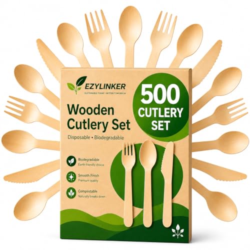 500 Wooden Utensil Set Disposable, 100% Compostable Cutlery Set [200 Forks, 200 Spoons, 100 Knives] – Alternative to Plastic & Bamboo Cutlery - Eco Friendly Utensils Set for Lounge Party Wedding BBQ - size: Wooden Cutlery(500-Mixed-Set)
