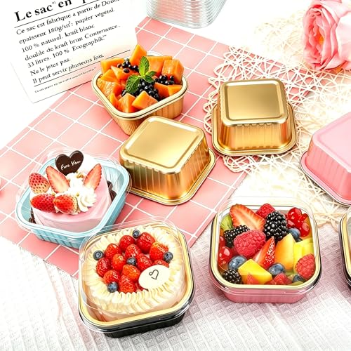 60Pack 5oz Mixcolor Mini Cake Pans with Lids Baking Cups Aluminum Foil Pans Tins, Individual Dessert Cups Containers for Sales,Party,Picnics - color: Mixcolor