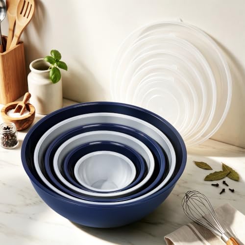 BoxedHome BPA Free Plastic Round Mixing Bowl with Lids, 12 Pack Nesting Bowls with Lids Set, Microwave and Dishwasher Safe Prep & Serving Bowls Great for Mixing, Baking, Serving (Haze Blue, 12pcs) - color: Haze Blue