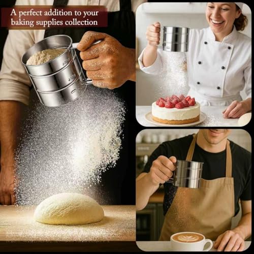 Upgraded Flour Sifter for Baking, One-Hand Press 3-in-1 Sifter with Double