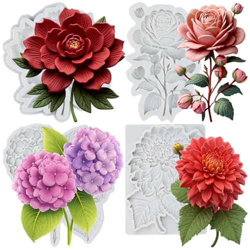 Flower Silicone Mold Rose Hydrangea Flower Fondant Molds Set of 4 - color: Style L