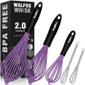 Walfos Whisk, Silicone Whisks Set of 5, Mini Stainless Steel Whisk 7+5in & Non Scratch Coated 7+9+11in Whisks, Suitable for Blending, Whisking, Beating, Frothing & Stirring. (Purple) - color: 5pcs Purple + Stainless Steel;7+9+11in & 5+7in
