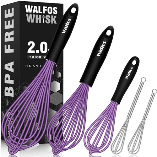 Walfos Whisk, Silicone Whisks Set of 5, Mini Stainless Steel Whisk 7+5in & Non Scratch Coated 7+9+11in Whisks, Suitable for Blending, Whisking, Beating, Frothing & Stirring. (Purple) - color: 5pcs Purple + Stainless Steel;7+9+11in & 5+7in