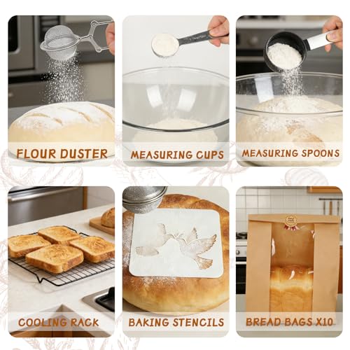 52 Pcs Sourdough Starter Kit, Sourdough Bread Baking Supplies with 9" Round & 10" Oval Banneton Bread Proofing Basket, Cooling Rack, Sour Dough Starter Jar, Bread Making Kit Gifts for Women Wife Mom