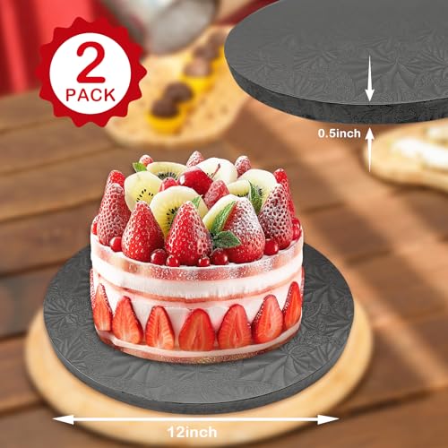 2 PCS Cake Drums, 1/2 Inch Thick 12 Inch Round Cake Boards, Black, Professional Quality Cardboards, Card Base (Maple leaf pattern) - color: Black, size: 12 inch