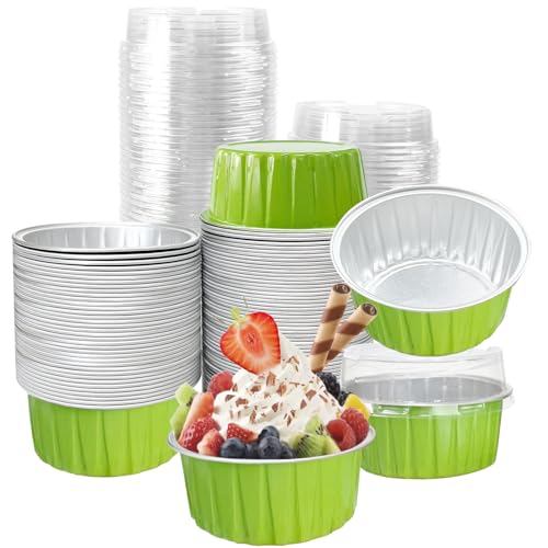 100Pcs Aluminum Cups with Lids,5oz Disposable Ramekin Baking Cups Muffin Liners Mini Pie Pans Foil Cupcake Containers for Christmas Party Wedding Party,Grass Green - color: Grass Green