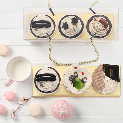 Coloch 24 Pack Gold Clear Cupcake Box with Handle, 9 x 3 x 3 In 3 Count Plastic Cupcake Container Baked Dessert Box, for Cupcake, Dessert, Muffins, Party, Wedding