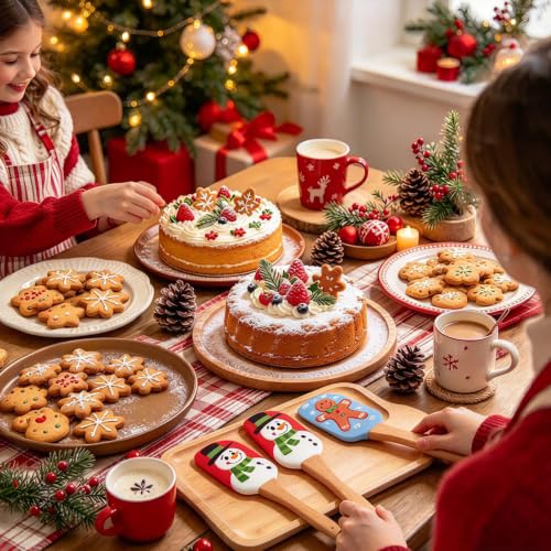 4 PCS Christmas Silicone Spatula Set with Wooden Handle for Baking - size: 4PCS Christmas