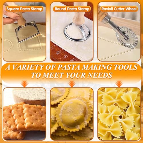 Pasta Making Tools, 10 Piece Wood Pasta Making Kit with 3 Rolling Pins, 1 Gnocchi Board, 1 Dough Cutter, 1 Ravioli Cutter, 1 Ravioli Maker, 2 Pasta Stamps, 1 Baking Mat, Ravioli Pasta Set for Kitchen - color: 10 Piece