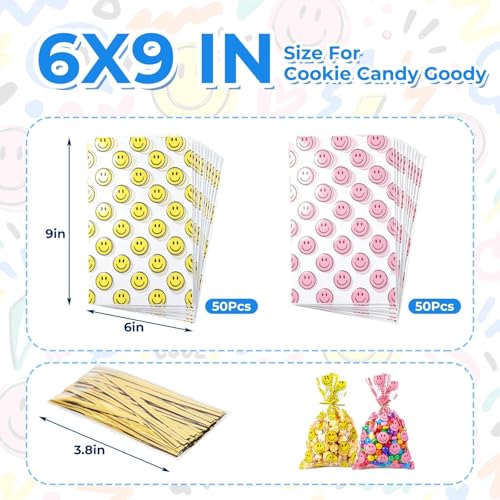Happy Face Cellophane Bags 100 Pack, Goody Bags with Ties, Treat Gift Bags - color: 100pcs yellow red bags