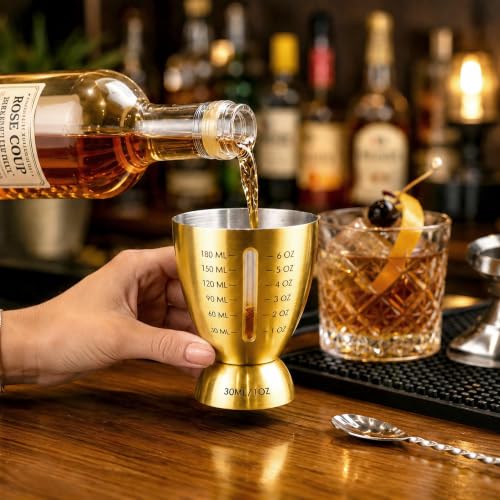 Homestia Cocktail Measuring Jigger with Pour Spout, Measuring Cup, Set of 2 - color: 6oz & 1oz Gold