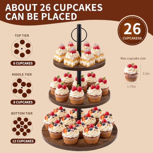Cupcake Stand, 3 Tier Wood Cake Stands Rustic Cupcake Tower, Round Tiered Tray Stand for Dessert Table Display, Industrial Wooden Serving Stand Wedding, Graduation and Baby Shower (Zhong 1Pack) - color: Zhong 1pack