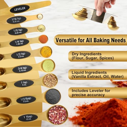 Gold Magnetic Measuring Spoons Set Stainless Steel with Leveler, Dual-Sided Stackable Metal Measuring Spoons for Baking & Cooking, Fits in Spice Jars, Heavy Duty Kitchen Gadgets, 8 Spoons & 1 Leveler - color: Gold