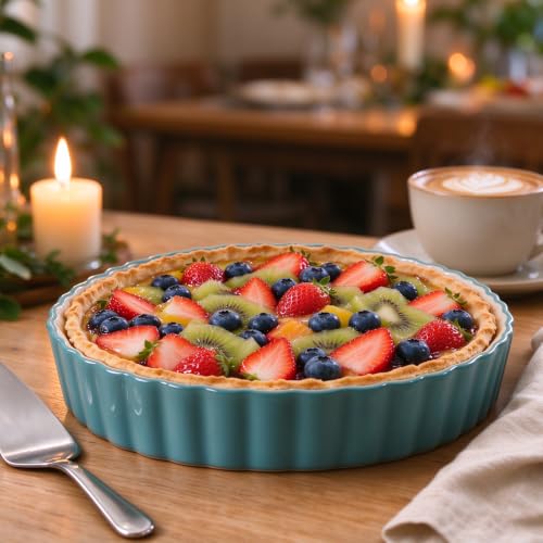 Wisenvoy Pie Pan Tart Pan Quiche Ceramic Pie Dish Pie Plate Tart Pans 9 inch Deep Dish Pie Pan Quiche Pan - color: Turquoise