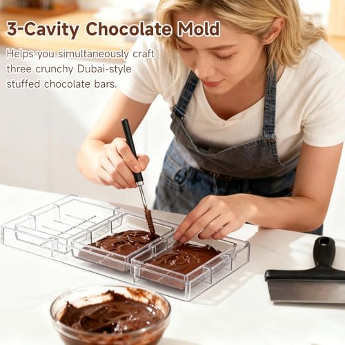 Polycarbonate Chocolate Molds, Chocolate Candy Mold with Chocolate Scraper, 3-Cavity Chocolate Making Molds for Smoothing Cheese, Cream (B) - color: B