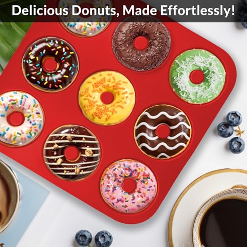 Large Silicone Donut Pan for Baking,9 Cavity Non-Stick Food Molds - color: Bright Red