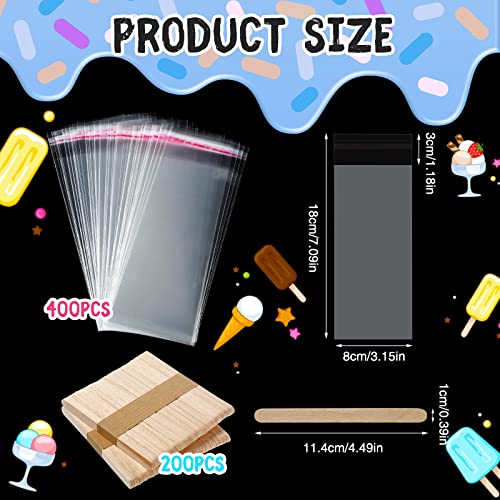 Capoda 600 Pcs Ice Lolly Sticks and Plastic Bags Set,Clear Self-adhesive