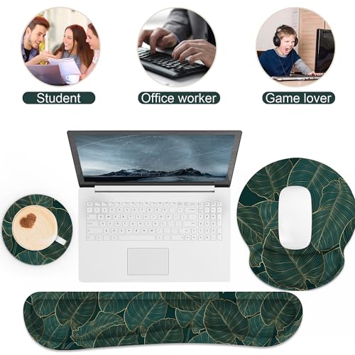 Ergonomic Mouse Pad with Wrist Rest and Keyboard Wrist Rest, Mousepad - color: Green Palm Leaf