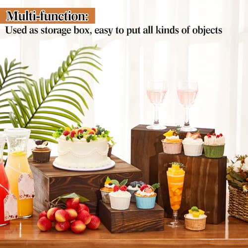 Roowest 4 Pack Wooden Display Risers, Rustic Cake Stands, Black Brown - color: Black Brown