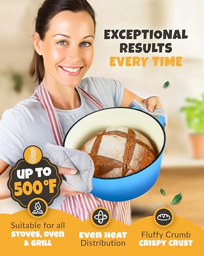 CRUSTLOVE 5 QT Enameled Dutch Oven for Bread Baking with Lid & Baking Set - color: Blue, size: 5QT Round