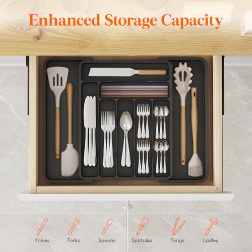 Lifewit Expandable Silverware Drawer Organizer, Kitchen Utensil Tray - color: Black, size: Large Deep（11.8-19.6'W x 15''D）