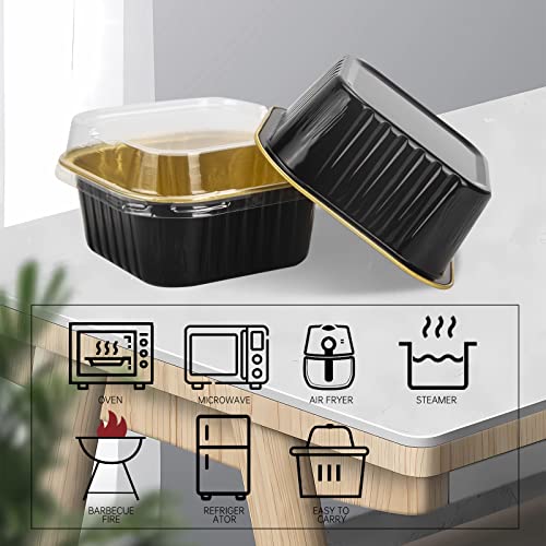 50 Pcs Mini Square Baking Cups with Lids,10oz Aluminum Foil Mini Cake Pans with Lids,Disposable Ramekins Cake Pans,300ml Dessert Cups Cupcake Pans for Wedding Birthday Party,Blackgold - color: Black/Gold, size: 10oz