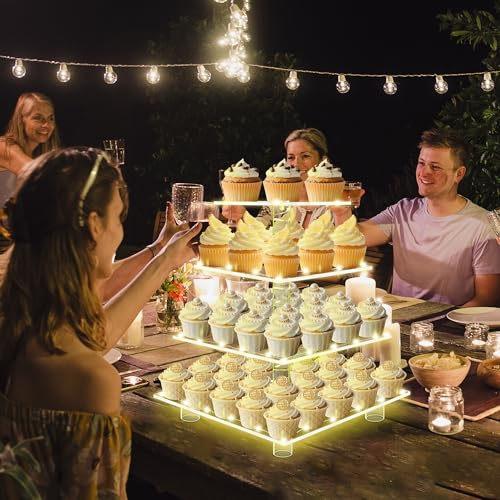 Cupcake Stand 4 Tier Acrylic Cupcake Tower with Yellow LED String Lights - color: Yellow Light, size: 4 Tier