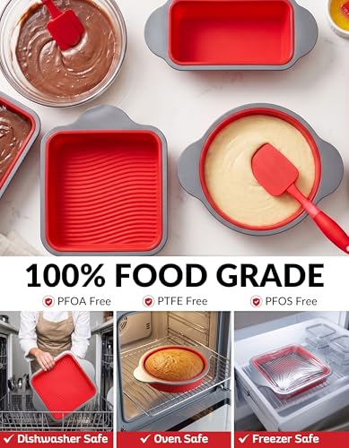 Boxiki Kitchen Silicone Baking Pans Set. 3 PCS Professional Non-Stick Baking Cake Pans Set includes Silicone Round Cake Pan, Square Cake Pan and Bread Loaf Pan. - style: Bakeware Set 3