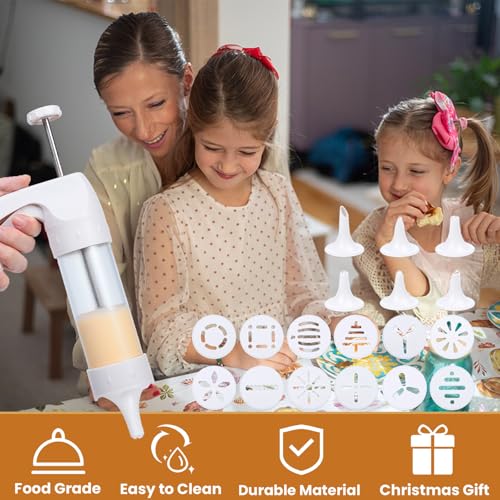 Cookie Press Gun White - Spritz Cookie Press Kit with 12 Discs & 6 Piping Tips | Perfect for Thanksgiving Christmas, Baking & Cake Decorating