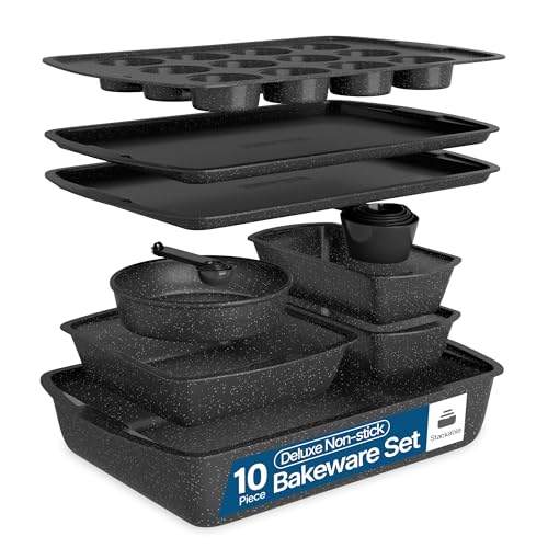 Gray Marble 10-Piece Bakeware Sets, Nonstick Carbon Steel Baking Sheet & Pans, Stackable Space-Saving Bakeware, Dishwasher Safe, Stain-resistant, PFOAPFOSPTFE Free, Oven Safe Up To 450°F (230°C) - color: Gray Marble, size: 10 Piece Set