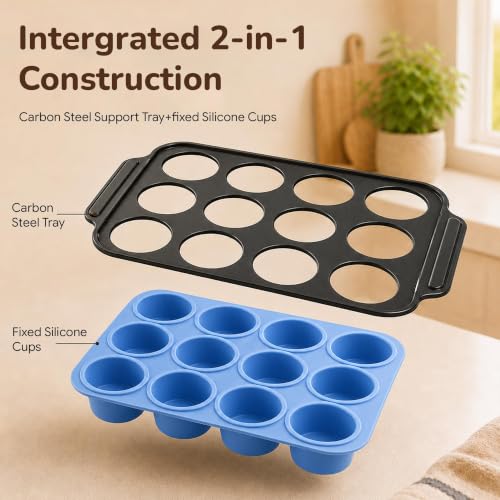 Silicone Muffin Pans for Baking, 12-Cup Muffin Tin with Metal Frame - color: Blue