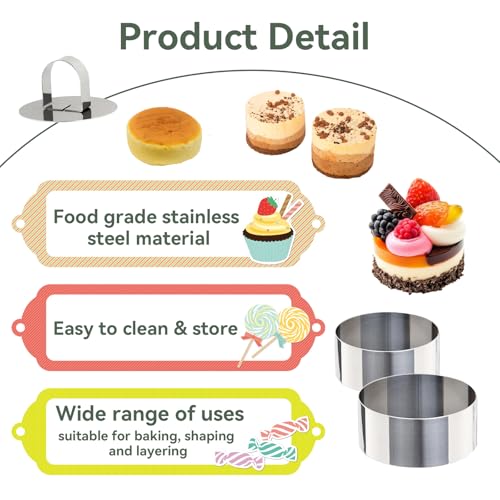 Uncle Jack 9 Pieces Round Cake Ring Molds, Stainless Steel Cake Ring Mold with Pusher, for Kitchen Tools, Baking Pastry (Include 9 Rings and 3 Pushers) - size: Round 9 PCS in 3 Sizes