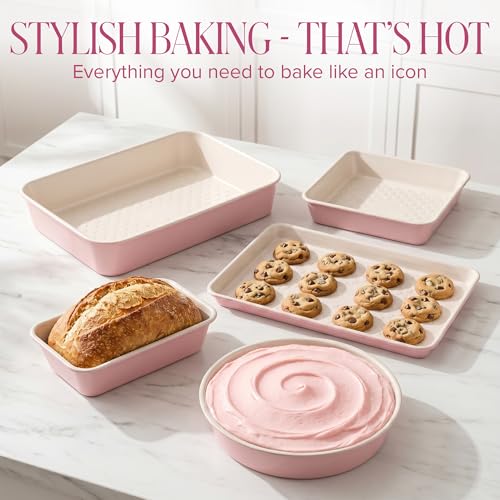 Paris Hilton 5-Piece Baking Pans Set, Nonstick Heart Pattern Bakeware Set with Heavy Duty Carbon Steel, Includes Square Pan, Round Pan, Loaf Pan, Roasting Pan & Cookie Sheet, 5-Piece, Pink - size: 5-Piece