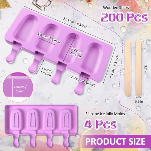 Outus 4 Pieces Ice Cream Mould Silicone Ice Lolly Mold 4-cavity Cake Pop Moulds Baking Molds with 200 Pieces Sticks for Treats (Purple)
