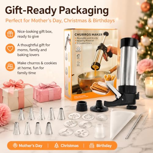 Stainless Steel Churro Maker Kit with 8 Discs, 8 Tips and Piping Bag