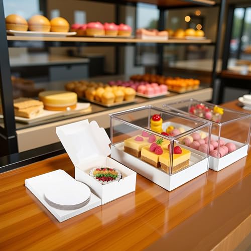 20Pack 8x8x5 Cake Boxes with Window & Cake Boards (10 Boxes + 10 Boards), White Elegant Container for Cakes, Cookies, Wedding, Birthday, Fathers Day, One-Piece Assembly - size: 8x8x5 inch