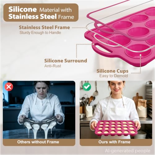 Silicone Mini Muffin Tin Set: 12 & 24 Small Cupcake Baking Tin with Frame - color: Rose Pink, size: Regular & Mini: 12 Cup & 24 Cup